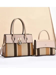 Striped patchwork large tote and crossbody bag set with premium leather texture
