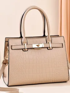 Elegant beige crocodile embossed tote bag with gold hardware and top handles