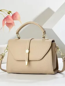 Beige lychee pattern square handbag with gold hardware and top handle for women