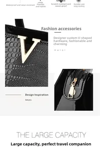 Detail showing glossy crocodile embossed leather and golden V metal hardware decoration