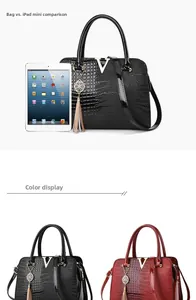 Detail view of the vintage crocodile pattern handbag showing size comparison with an iPad mini