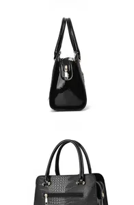 Detailed views showing micro side and profile of black crocodile pattern leather tote bag