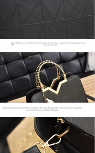 Gros plan sur la texture géométrique en cuir PU et la poignée tressée du sac noir