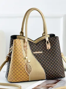 Women Monogram Contrast Color PU Leather Handbag Large Capacity Top Handle Bag With Leaf Pendant Elegant Shoulder Satchel Bag