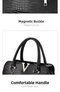 Detail of black crocodile texture handbag with gold V hardware and back zipper pocket