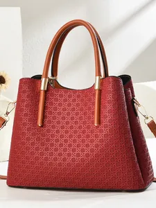 Large capacity dark red woven texture handbag with brown handles and gold hardware