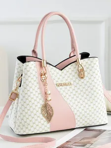 Women's pink and beige paneled tote bag with DH pattern and detachable strap