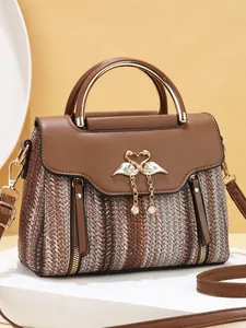 Women Woven Striped Crossbody Bag PU Leather Patchwork Top Handle Bag With Rhinestone Artificial Pearl Swan Buckle Fashion Bag
