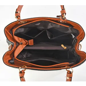 Top view showing the spacious interior and multi-compartment layout of the woven tote bag