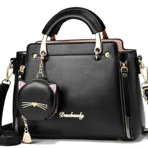 Fashion PU Leather Women Top Handle Handbag With Cat Coin Purse Trendy Large Capacity Shoulder Crossbody Bag For Daily Wear