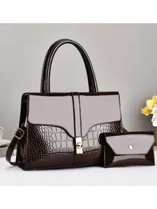 Women Patent Leather Crocodile Pattern Handbag And Pouch Large Capacity Shoulder Crossbody Bag With Metal Lock Office Lady
