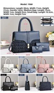 Detailed view of large tote bag with zippered pouch and small flap wallet in set