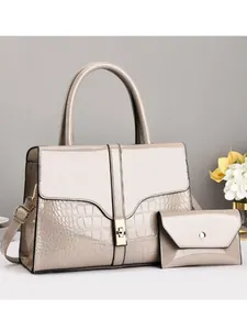 Beige patent leather crocodile texture tote and clutch handbag set with gold buckle