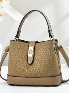 Vintage brown woven bucket bag for women with gold twist lock and top handle