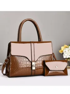 Brown crocodile embossed faux leather tote bag with matching envelope clutch set