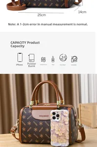 Detailed size guide of a brown Boston bag showing dimensions 25x14cm and internal capacity