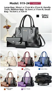 Three-piece set featuring large plaid patent leather tote with matching envelope clutch and cardholder