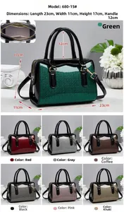Detailed view of fashionable stone pattern handbag showing dimensions and seven color options