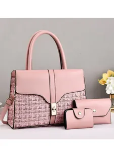 Pink tweed and leather 3-piece handbag set with tote, envelope wallet and card holder