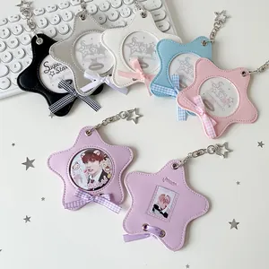 Portacarte in Pelle PU a Forma di Stella Con Fiocco Finestra Trasparente Custodia per Fotocarte Ciondolo per Borsa Portachiavi Donna