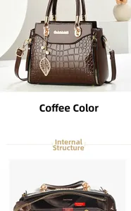 Detail of coffee brown embossed leather bag showing internal pockets and gold leaf pendant