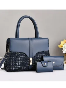 Navy blue tweed composite 3-piece handbag set with large capacity and gold turn-lock