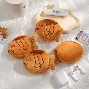 Cartoon Taiyaki Shape Plush Coin Purse Cute Fish Earphone Data Cable Storage Bag With Metal Chain For Kids Women Mini Pouch