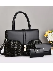 Three-piece black leather and tweed patchwork tote set with shoulder strap and gold hardware