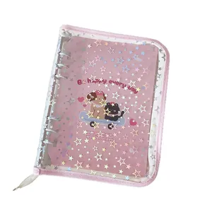 Pink A5 binder album with laser stars and zipper closure featuring cartoon characters