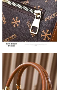Close-up of the vintage brown printed leather bag showing rear zipper pocket detail
