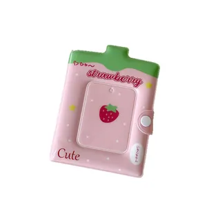 Mini strawberry-themed photo card album with snap fastener and transparent slot