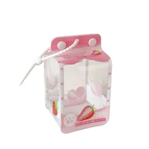 Transparent strawberry milk carton doll storage bag with pink trim and white bead handle