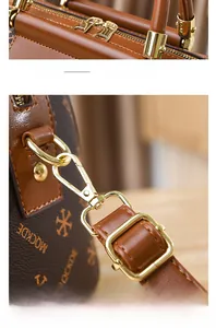 Close-up of the vintage monogram pattern leather and premium golden hardware buckles