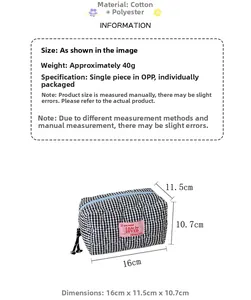 Detailed size specifications for the checkered quilted cotton cosmetic bag