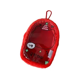 Red plush storage bag with clear PVC window for 10cm dolls and cute animal character