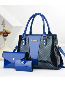 Women Patent Leather Handbag Set Shiny Plaid Patchwork Tote Envelope Clutch Card Purse Fashion Vintage Shoulder Bag For Lady