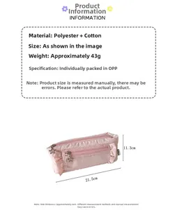 Detailed size specifications and pink pleated pencil case dimensions in centimeters