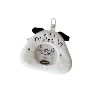 Cute white plush keychain card holder with cartoon dog design and round clear display window