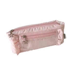 Pink pleated high-capacity pencil case with star zippers and layered storage compartments