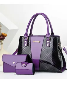 Three-piece purple patchwork patent leather tote bag with matching wallet and card holder set