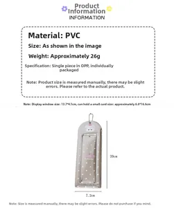 Macro detail of champagne PVC photocard holder with dimensions and bear charm