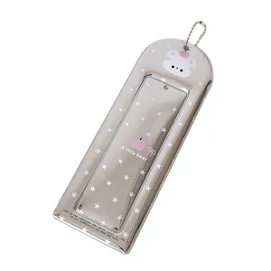 Silver mirror photocard holder with cute bear pattern and metal ball chain for backpacks