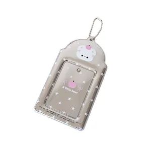 Cartoon silver card holder with pink bear and star patterns on metal ball chain