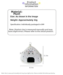 Detail of plush rice ball pouch showing size dimensions and metal carabiner hook