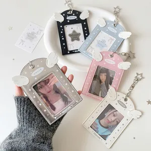Detailed view of angel wing PU leather photocard holders in five colors with star clips