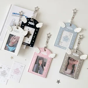 Detail showing five colors of angel wing PU leather photo card holders with star hooks