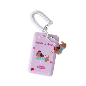 Purple cartoon puppy card holder with sliding cover and white elastic spring lanyard