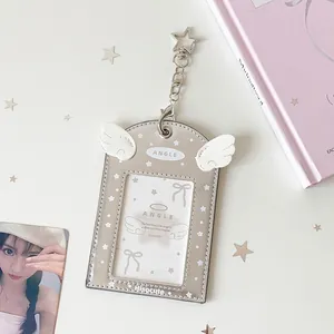 Silver PU angel wing photo card holder with star keychain and transparent window