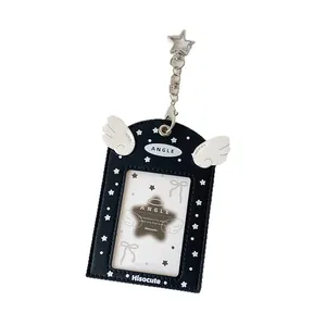 Black PU leather card holder with angel wings design and silver star clasp for idol photocards