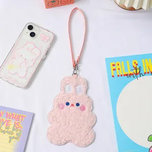 Pink plush bunny card holder keychain and matching clear phone case set for girls